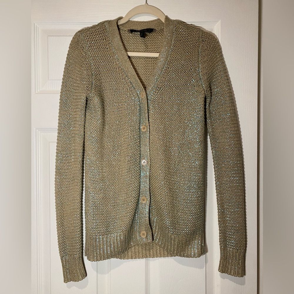 BCBGMaxAzria Tan Knit Cardigan with Opaline Green Shimmers